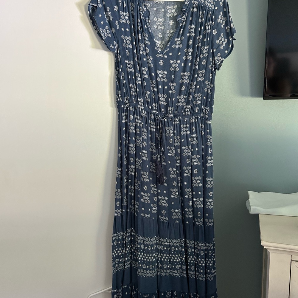 Sonoma Blue and White Flutter Sleeve Maxi Dress